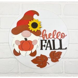 Hello Fall Gnome Pumpkin Sunflower Handmade Hand Painted Round Wooden Sign